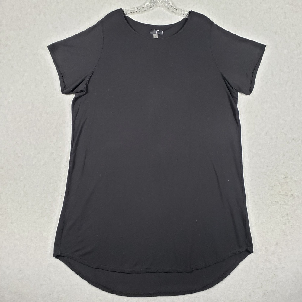 Tahari Woman Plus Size 2X Tunic Top Black Short Sleeve High Low Hem Pleated Back